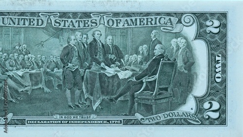 Large fragment of the reverse side of 2 two dollars bill banknote with declaration of independence