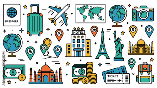 Tableau sur toile Color travel icons set with passport hotel map landmark and world travel planning symbols