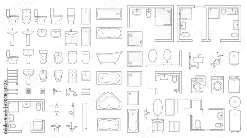 Schilderij op canvas Detailed CAD Block Collection for Bathroom Furnishings and Interior Space Planni