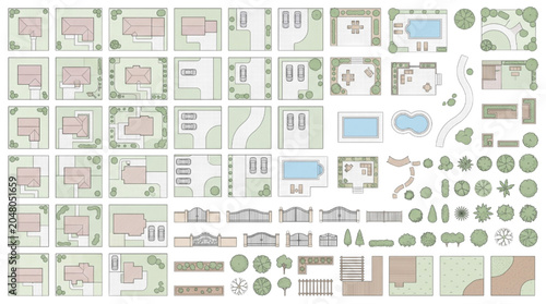 Schilderij op canvas Comprehensive Collection of CAD House and Landscape Design Elements
