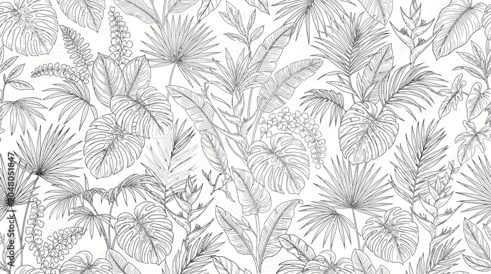 Obraz premium A detailed illustration of various tropical leaves and plants in a seamless pattern
