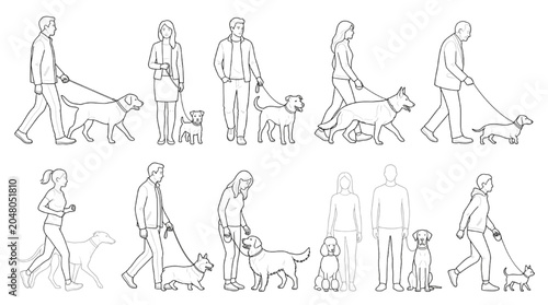 Foto CAD drawings of people walking dogs in various poses and breeds