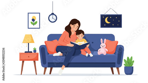 Mother Reading Book to Son on Sofa in Cozy Living Room - Flat Vector Illustration of Bedtime Story and Family Bonding