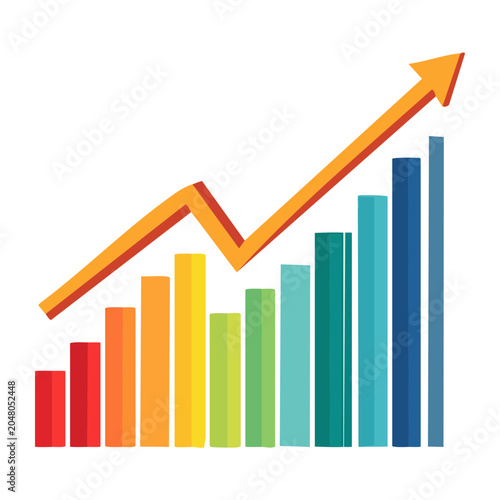 Colorful bar chart with upward trending arrow on white background