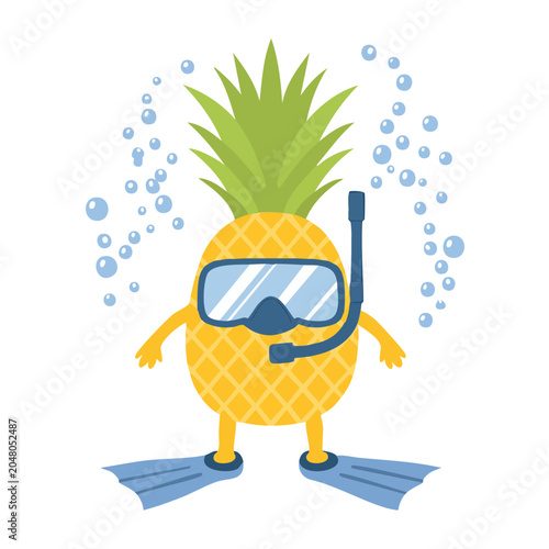 Cute pineapple character wearing diving mask and snorkel