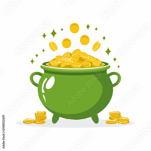 Green pot overflowing with gold coins and sparkles