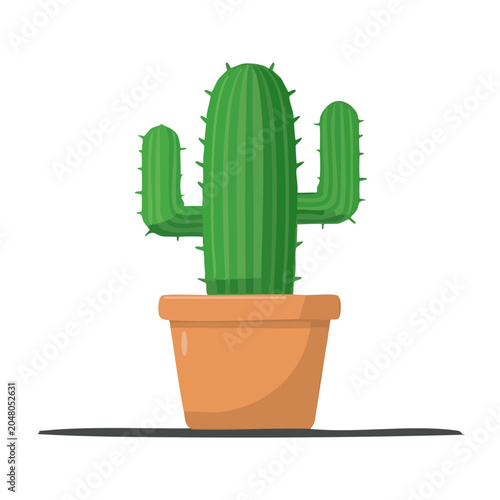 Potted green cactus in flat design style