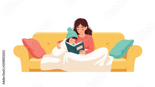 Mother and Child Reading Book Together on Cozy Sofa, Mom and Daughter Snuggled Under Blanket Illustration