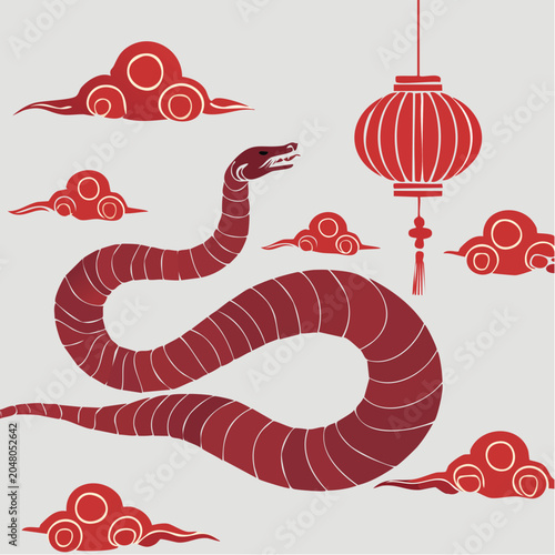 Red Chinese Dragon with Clouds and Lantern Illustration
