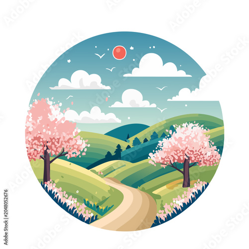 Spring landscape with cherry blossom trees and rolling hills