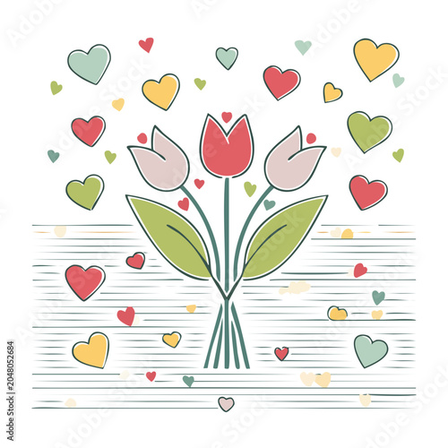 Tulip bouquet with hearts and abstract background