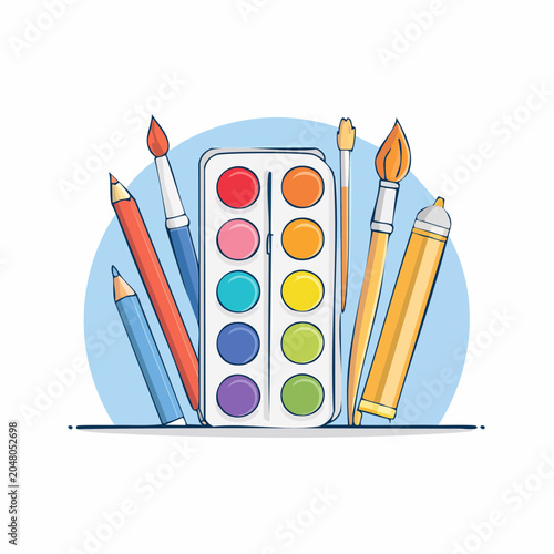 Watercolor paint set with brushes and pencils