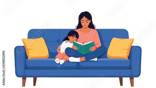 Mother and Child Reading Together on Blue Couch, Bedtime Story and Early Education Concept Flat Vector Illustration