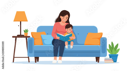 Mother and Son Reading a Book Together on Sofa Vector Illustration. Concept of Family Bonding, Early Childhood Education, and Storytime at Home.