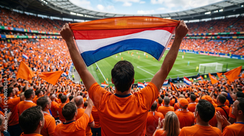 Netherlands Soccer Fan Holding National Flag in Stadium