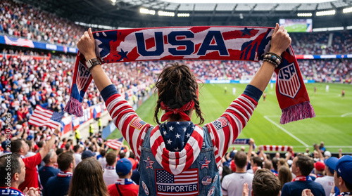 USA Soccer Fan Holding Supporter Scarf in Stadium