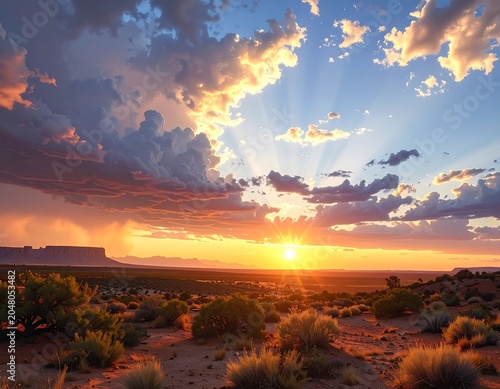 A vibrant sunset casts golden rays over a desert landscape, illuminating puffy clouds and distant mesas. The sky ablaze with color