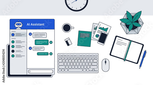 Fotografía AI assistant chatbot interface on workspace desk flat illustration