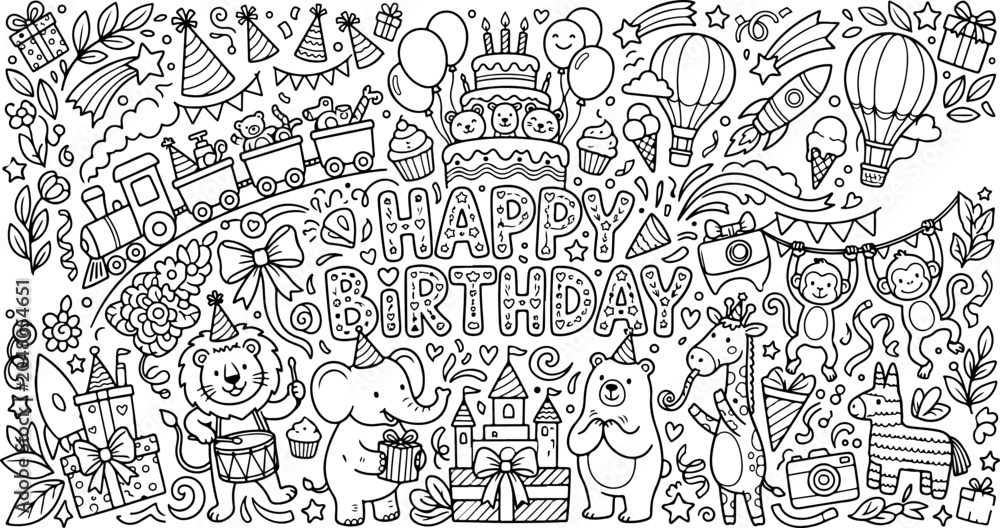Obraz premium happy birthday cartoon outline hand drawn Line Art illustration doodle art coloring page for kids