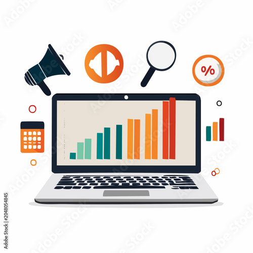 Laptop displaying growth charts and business icons