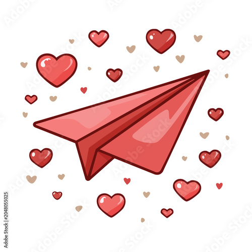 Red paper airplane flying with hearts