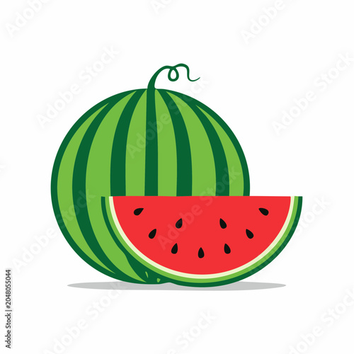 Stylized illustration of a whole watermelon and a slice