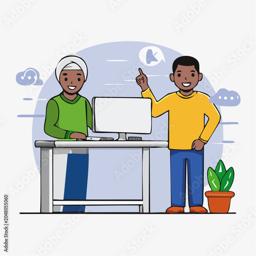Two people collaborating at a desk with a computer