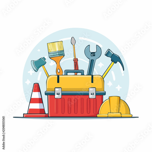 Toolbox with various tools and safety equipment