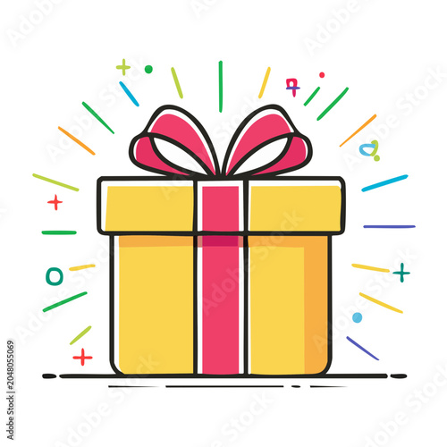 Yellow gift box with pink ribbon and colorful confetti