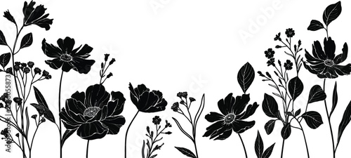 Wildflower Meadow SVG Bundle | Botanical Flower Border Vector Icons. Floral Horizon Silhouette Clipart | Garden Blossom Footer Stencil Set