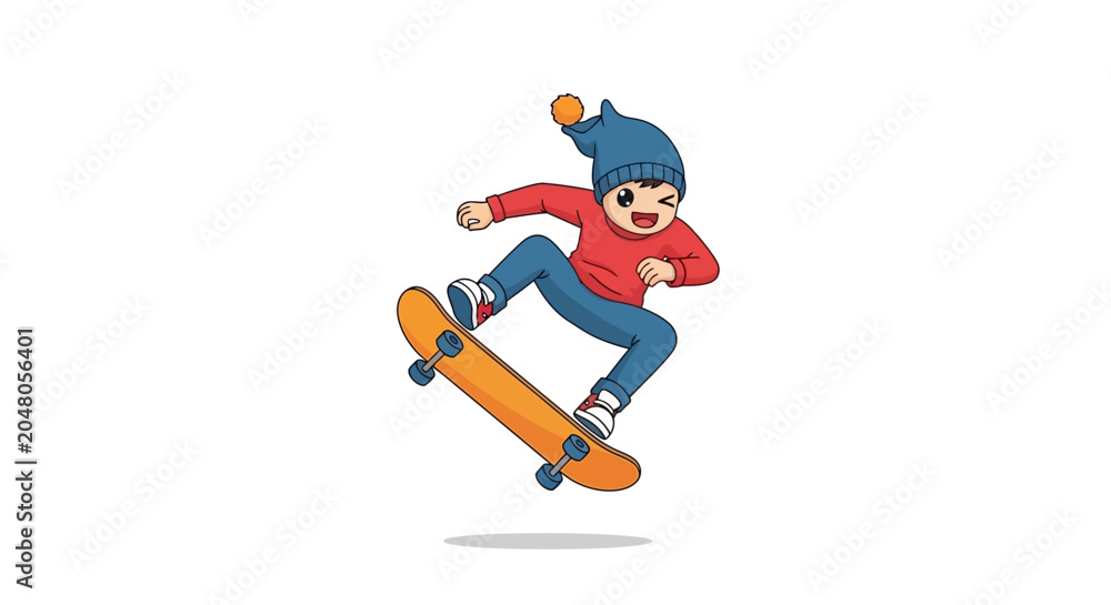 Fototapeta premium Happy Kid Skateboarder Doing Trick on White Background