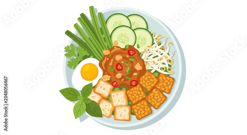 Healthy Thai Food Bowl with Egg, Tofu, Vegetables, and Peanut Sauce