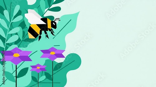 Busy bumblebee flying near blooming purple flowers and green leaves vector graphic art, nature pollination concept copy space