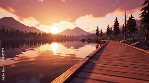 Low angle tracking view of wooden boardwalk leading towards mountains at golden hour sunset, outdoor adventure concept