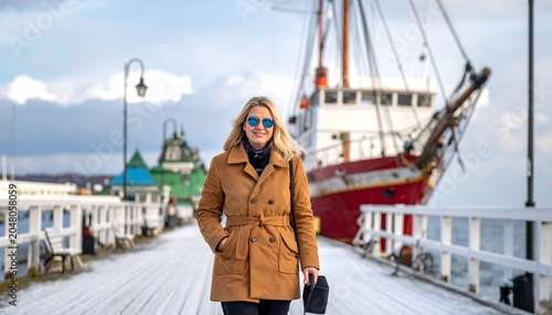 A woman in a tan coat and sunglasses strolls along a pier, near a vintage ship
