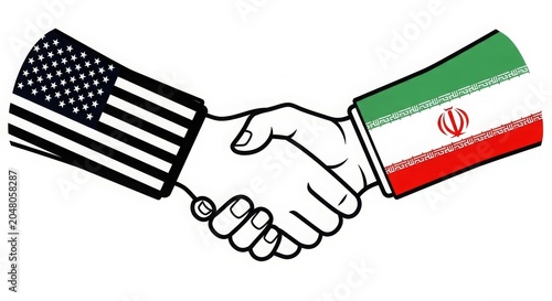 Diplomacy - USA and Iran Handshake Illustration with American and Iranian Flags on Sleeves Agreement Symbol