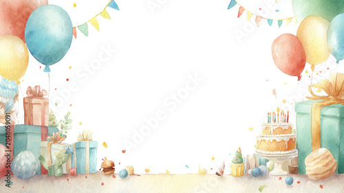 Birthday celebration theme for party event. A vibrant watercolor painting of a birthday scene, featuring a cake adorned with lit candles, gift boxes, balloons, and confetti.
