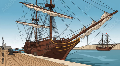 Detailed vector illustration of a historic wooden sailing ship with masts and sails docked at a wooden harbor pier in Santander, Spain, featuring clear blue sky and calm water.