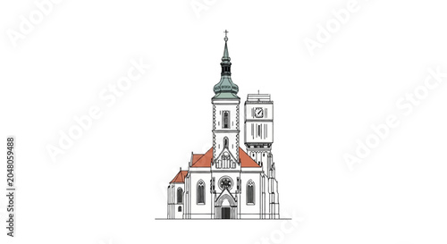 Detailed vector illustration of St. Mark's Church, a historic architectural landmark featuring a tall spire, red tiled roofs, a clock tower, and gothic windows on a white background.
