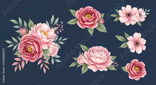 Watercolor floral illustration set featuring pink roses, peonies, and anemone flowers with green leaves and berries on a dark blue background, elegant botanical design elements.