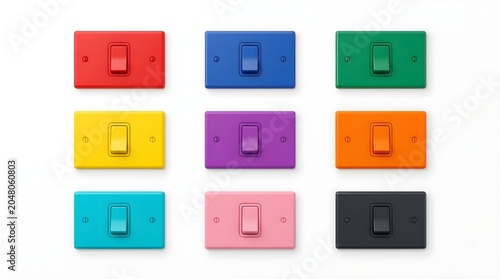 Colorful Light Switches: A vibrant grid of nine wall-mounted light switches, each in a distinct and eye-catching color, arranged in three rows and columns on a clean, white background.
