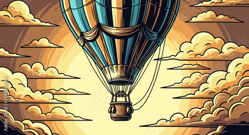Schilderij op canvas Vintage Hot Air Balloon Flying Through Clouds at Sunset
