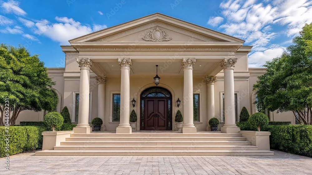 Fototapeta premium An elegant residence with classical columns, framed by blue skies and lush greenery.