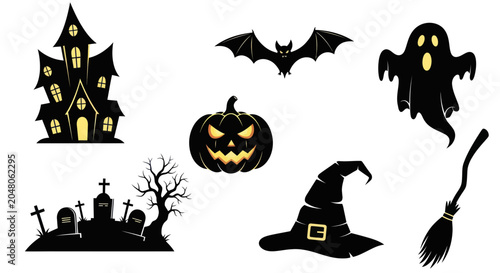 Canvastavla Halloween icons and symbols black.