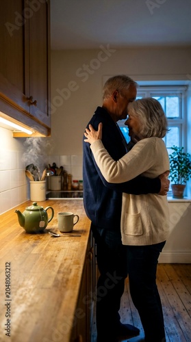 Senior couple embracing in a kitchen at home