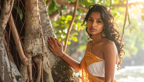 A woman in a traditional outfit poses next to a tree with roots. Sunlight filters through leaves