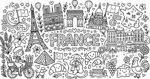 france cartoon outline hand drawn Line Art illustration doodle art coloring page for kids