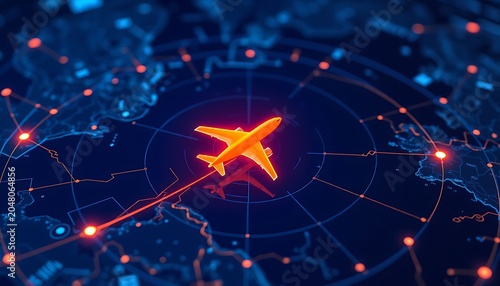 Futuristic digital radar screen with airplane over blue topographic map