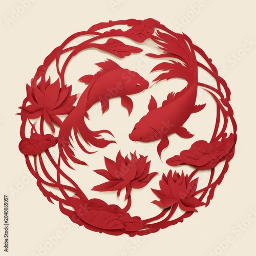 Intricate Red Paper Art of Koi Fish and Lotus