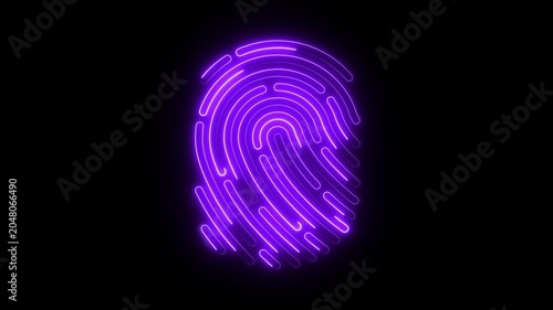 Neon purple fingerprint scan animation, digital biometric security concept, cyber security and identity verification technology motion